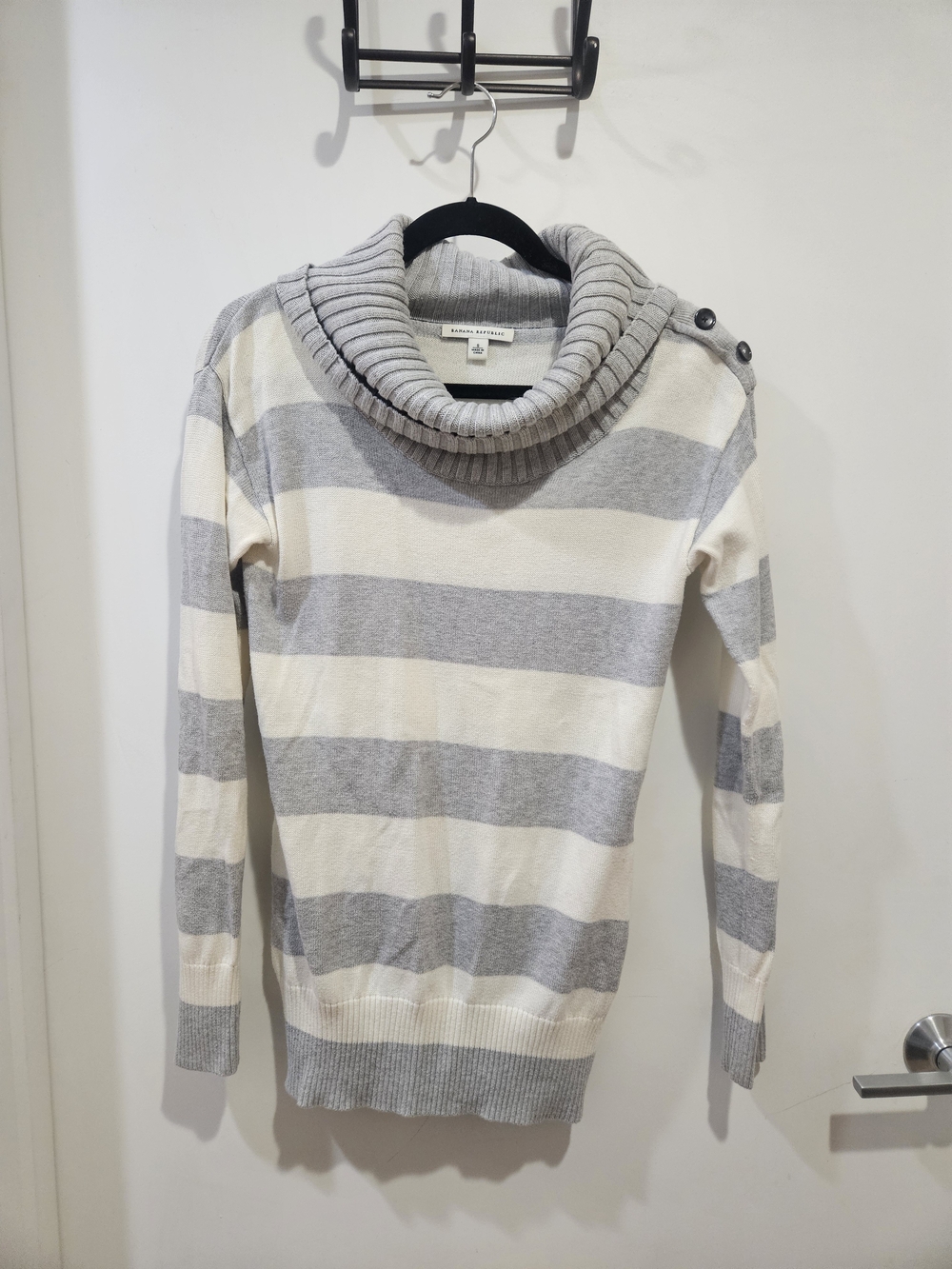 Banana Republic Gray and Cream Striped Cowl Neck Sweater